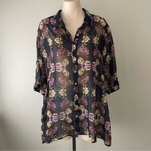 Bellatrix Floral Semi Sheer Button Down Blouse Tunic Top Long Longline Plus Size